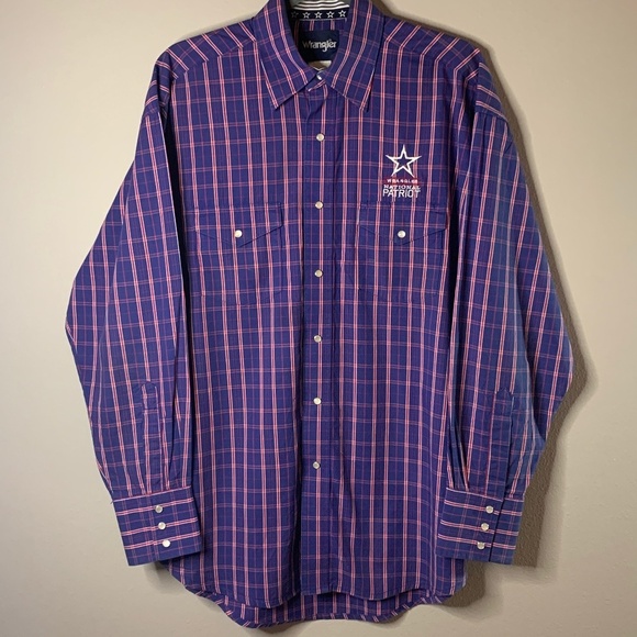 Wrangler Pearl Snap Shirt Med-Large National Patriot Logo Blue Plaid Rodeo Star - Picture 1 of 12